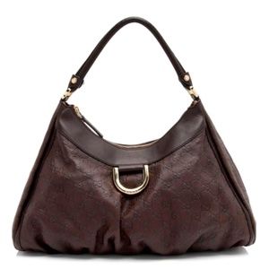 Gucci Guccissima Abbey Leather D Ring Hobo Handbag Tote Dark Brown Sima Purse